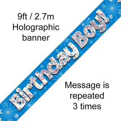 9ft Banner Birthday Boy Blue Holographic - Banners & Bunting